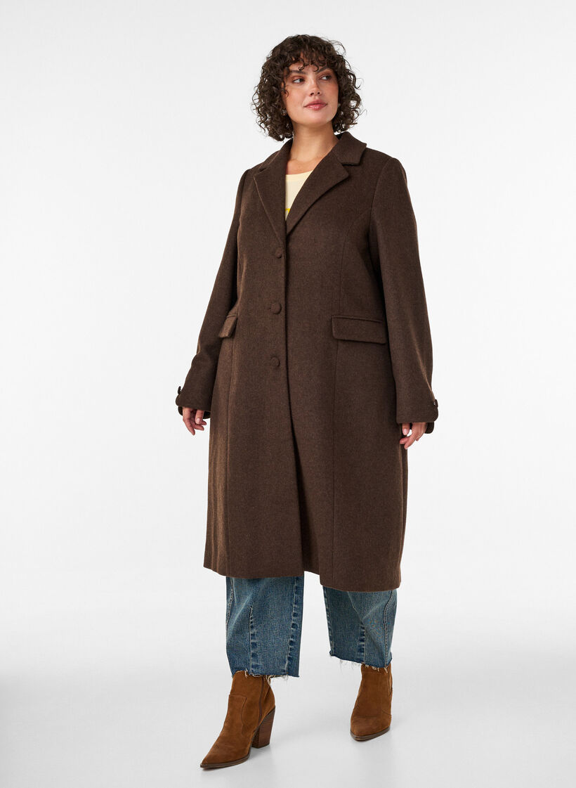 Wool blend coat with lapels and buttons, Brown, Model image number 0