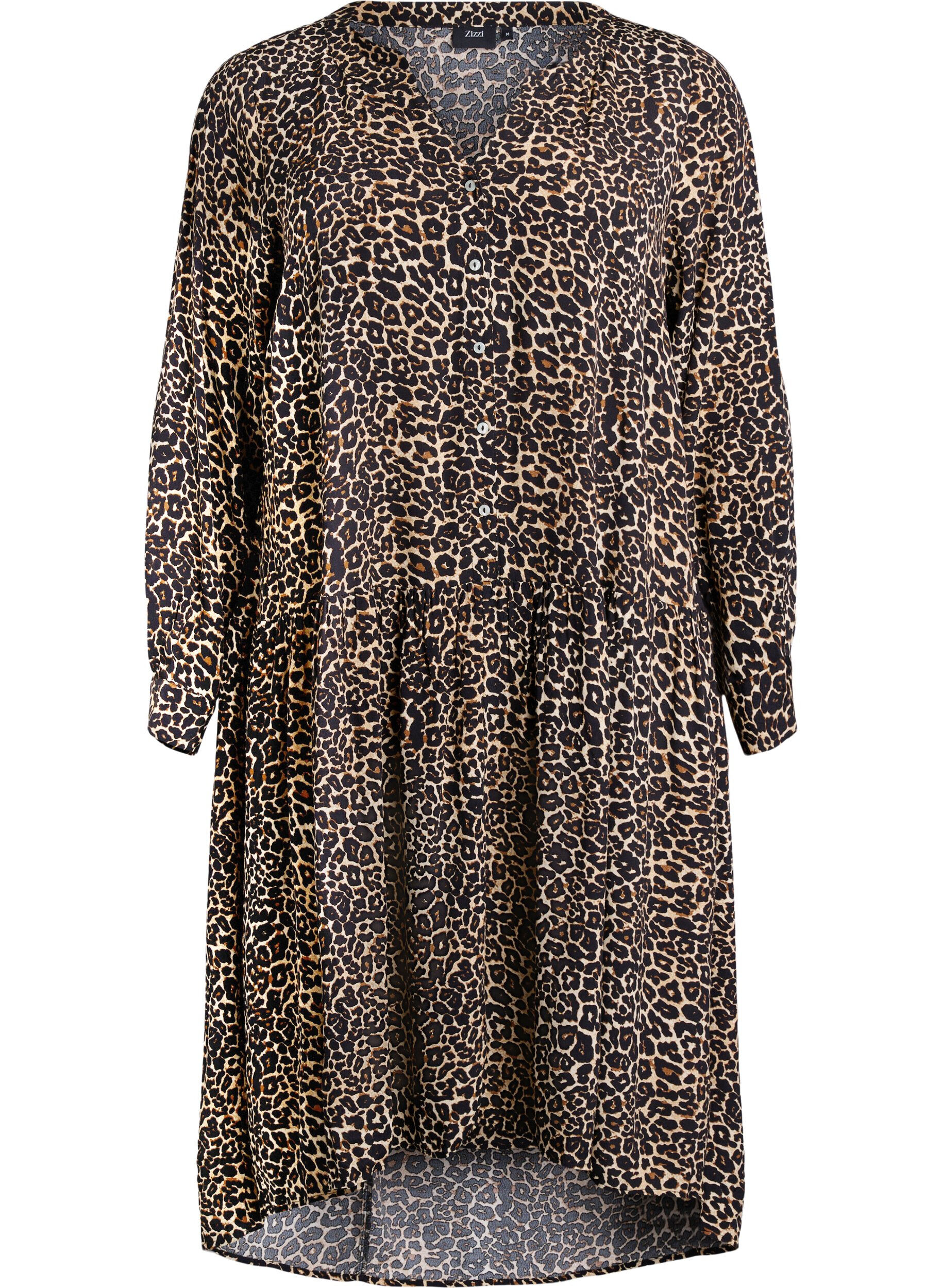Zizzifashion Printed viscose midi dress with long sleeves, Brown, Packshot image number 0