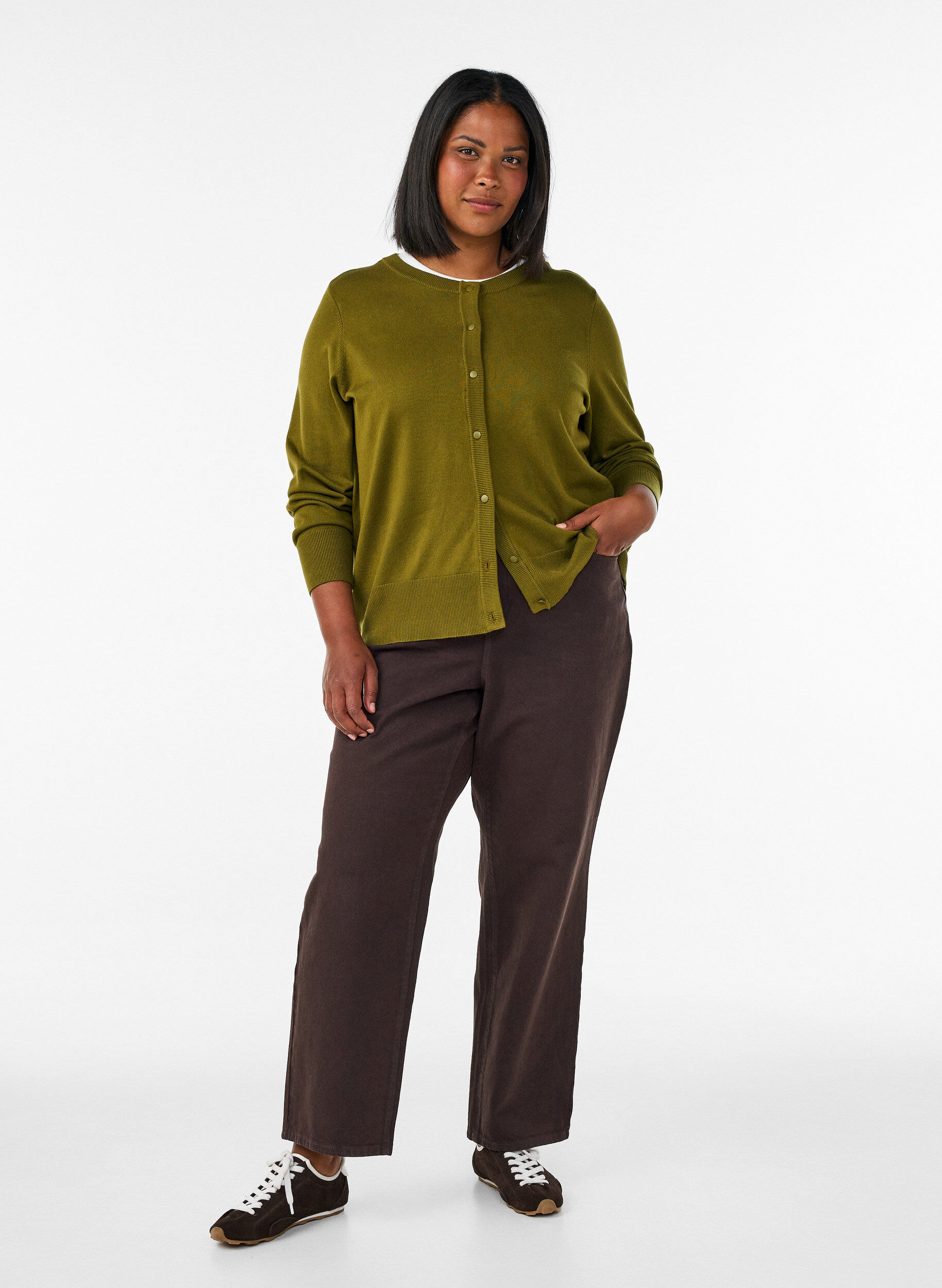 ZizzifashionKnitted cardigan with round neck and buttons, Green, Model image number 1