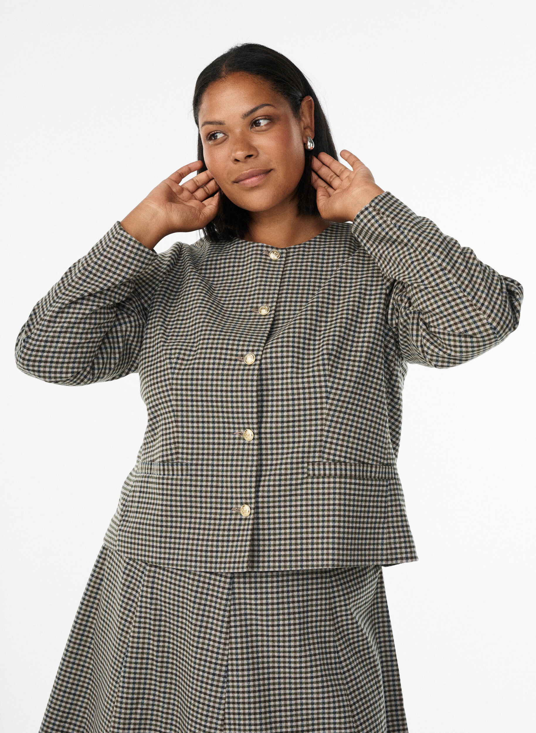 Short jacket with gold-coloured buttons, Brown, Model