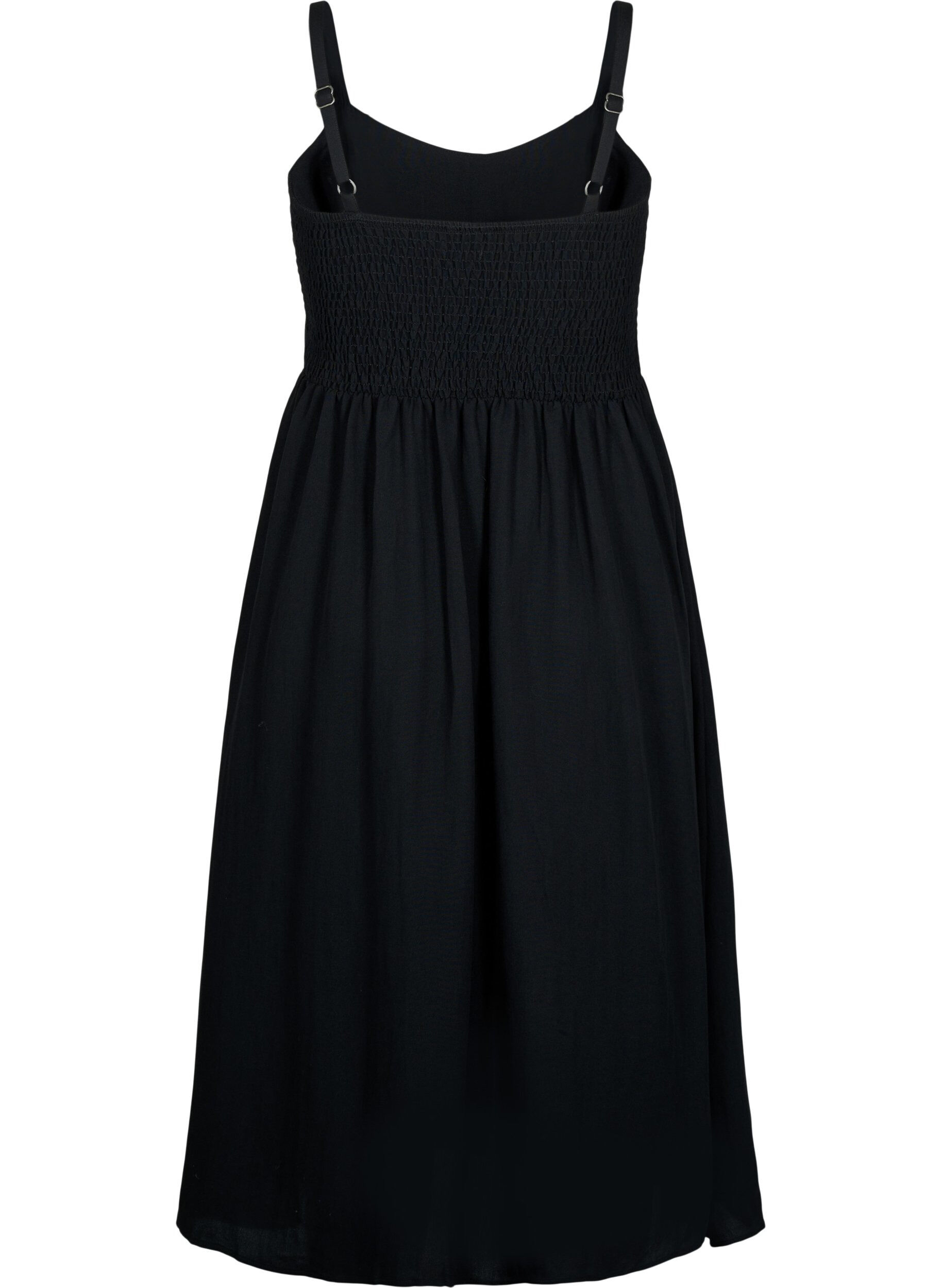 Zizzifashion Plain coloured viscose strap dress with smock, Black, Packshot image number 1