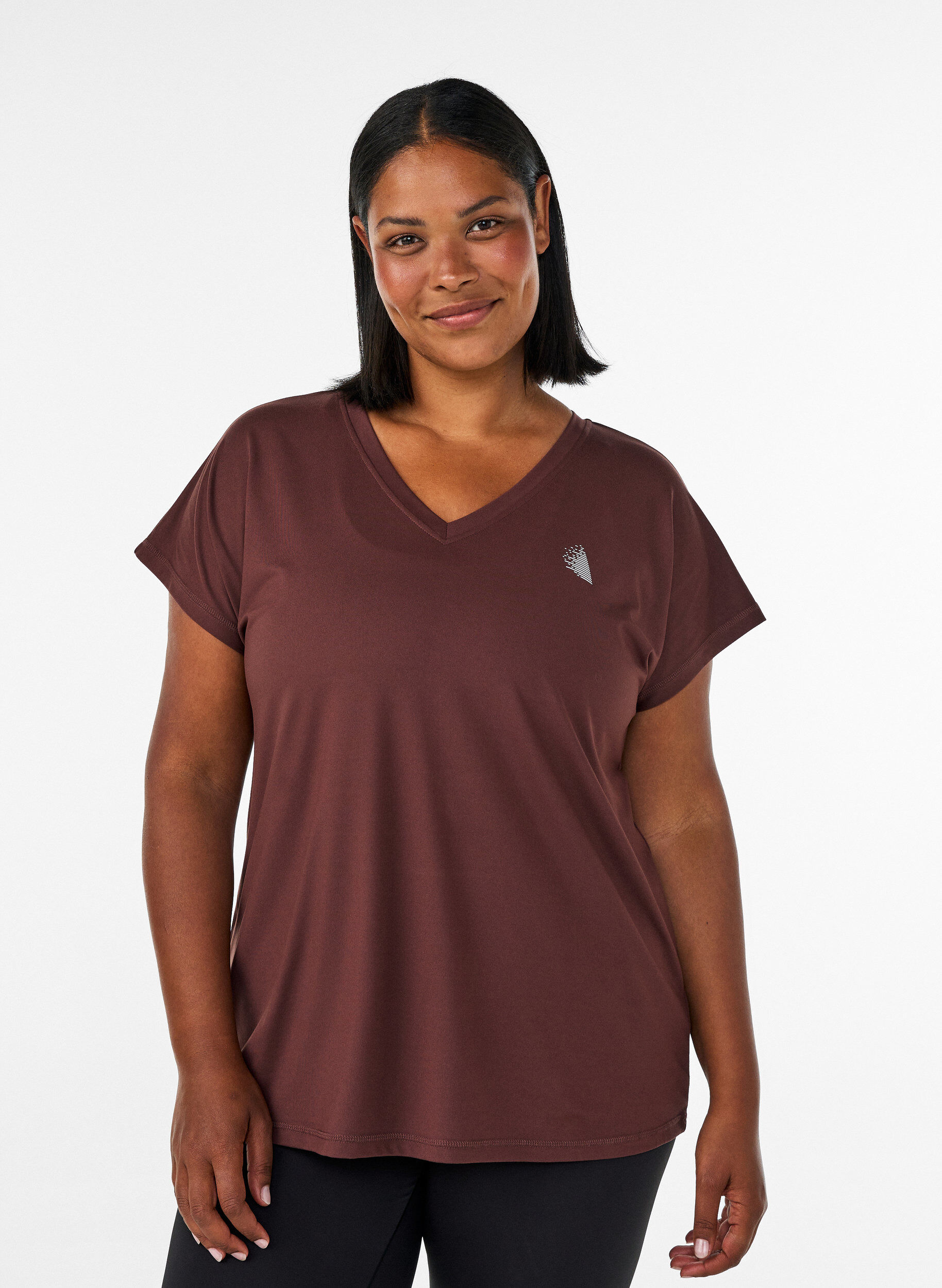 Loose training t-shirt with v-neck, Brown, Model