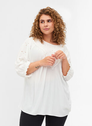 Viscose blouse with embroidery and 2/4-length sleeves, Snow White, Model image number 0
