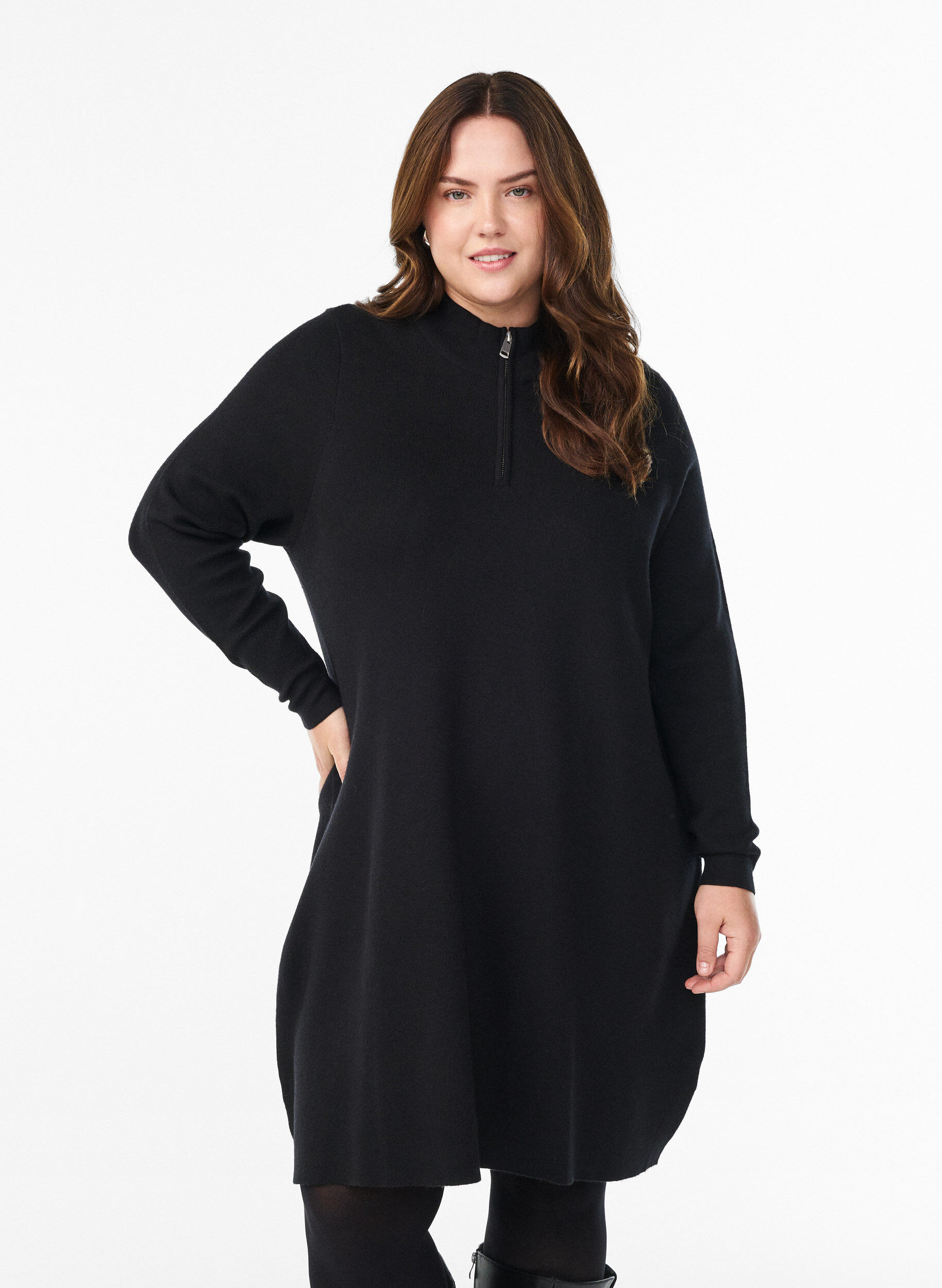 Knit dress with high neck and zipper, Black, Model