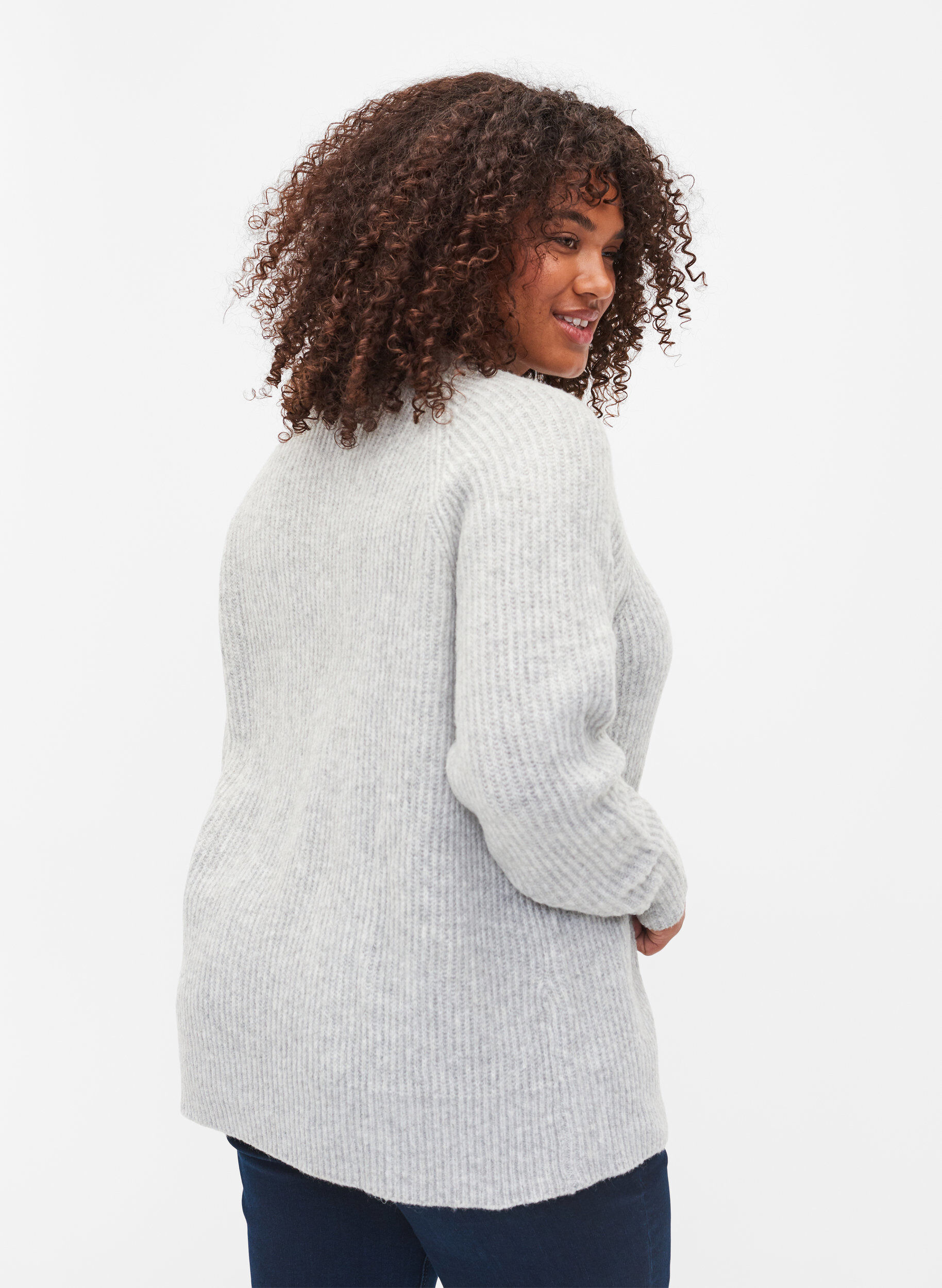 Zizzifashion Melange knit sweater with pearl buttons, Light Grey Melange, Model image number 1