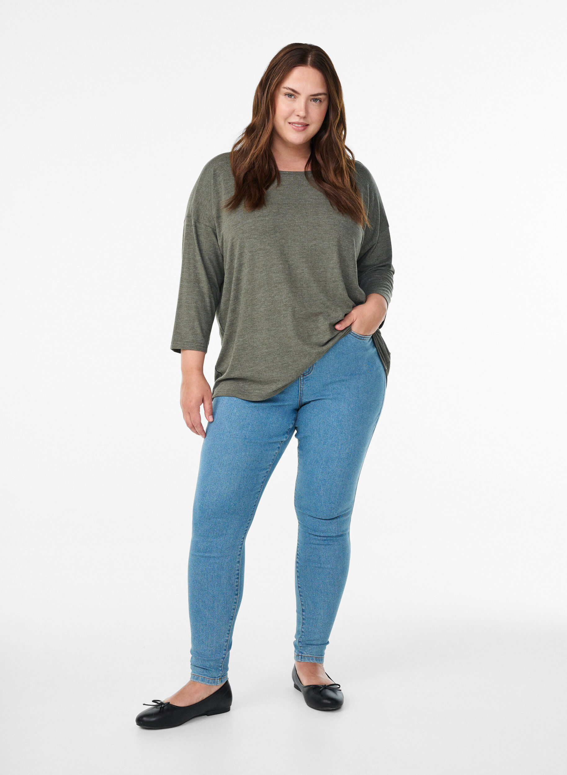 ZizzifashionJersey blouse with 3/4 sleeves, Green, Model image number 1