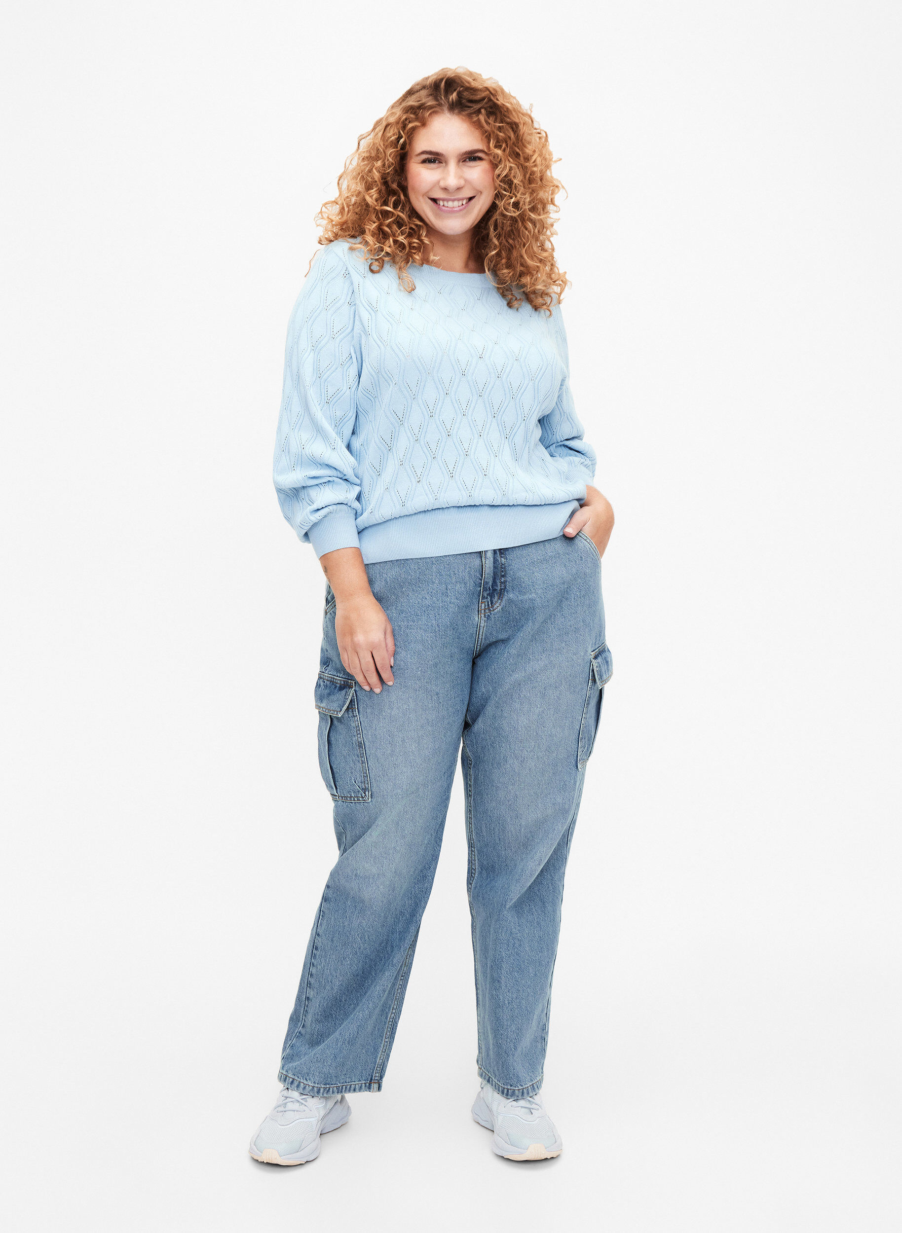 Zizzifashion Pullover with hole pattern and boat neck	, Blue Bell, Model image number 2