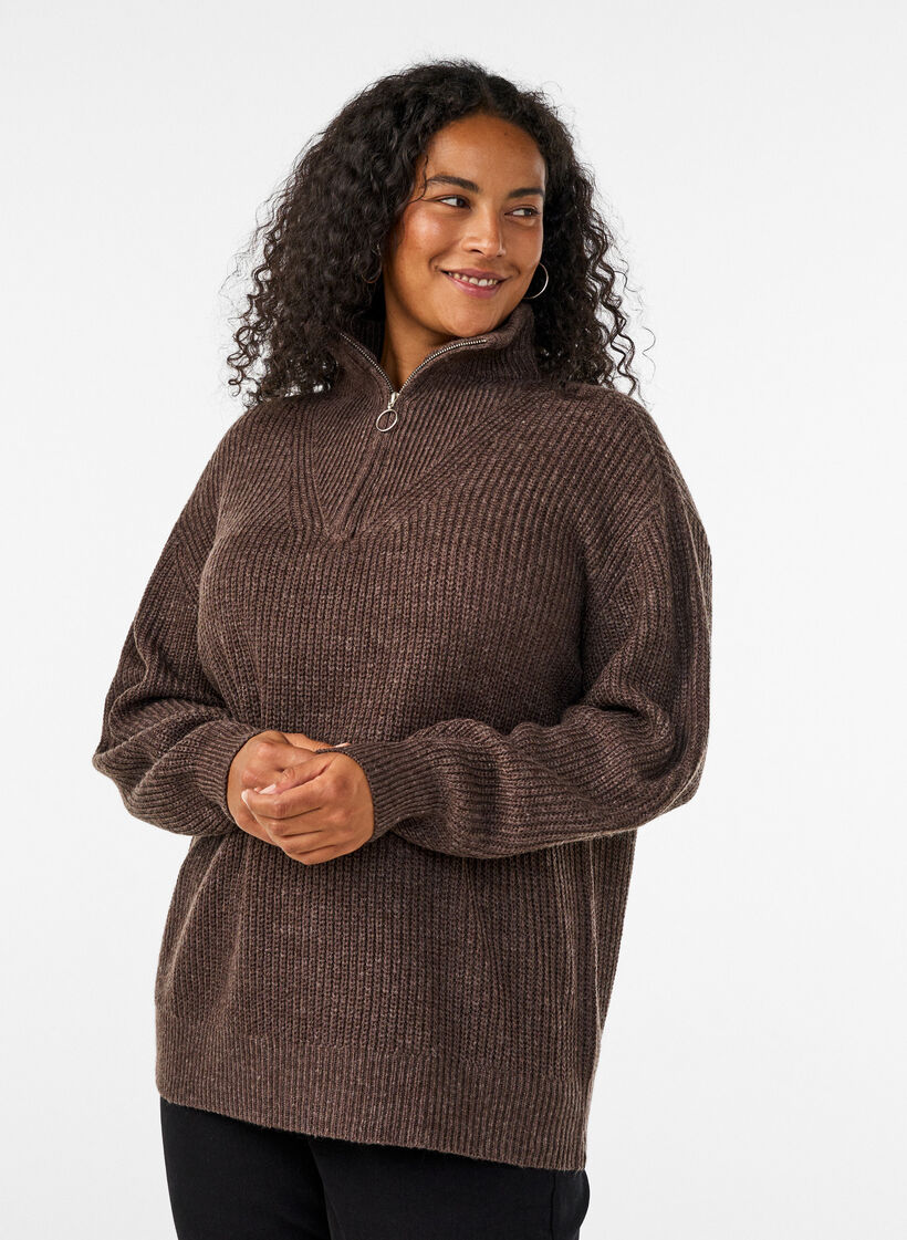 Knitted sweater with high neck and zipper, Brown, Model image number 0