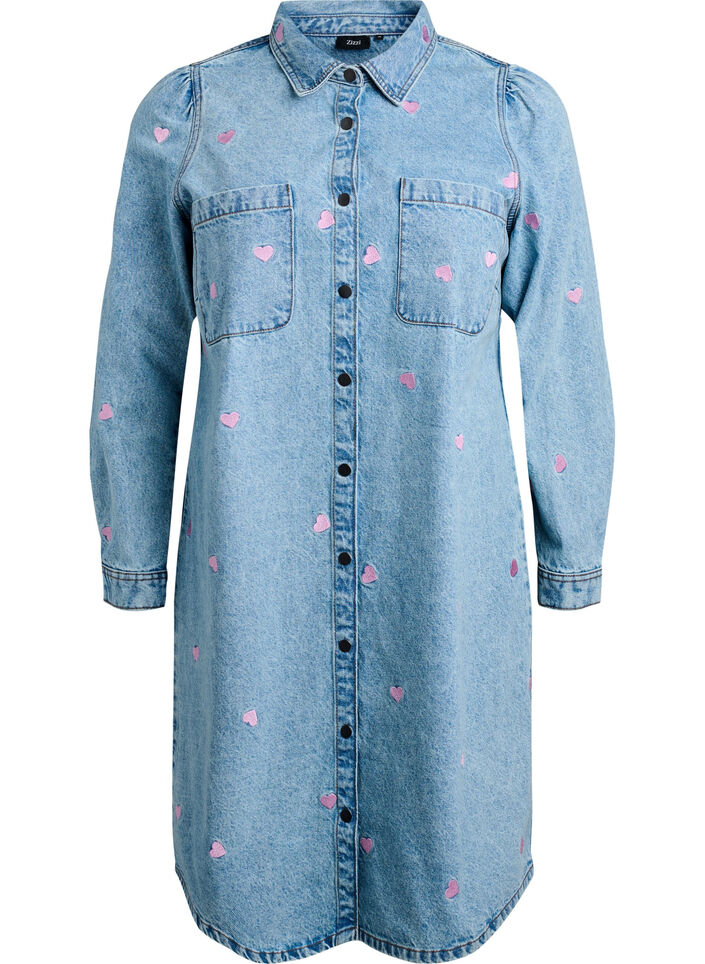 Denim dress with hearts and chest pockets, Light Blue, Packshot image number 0