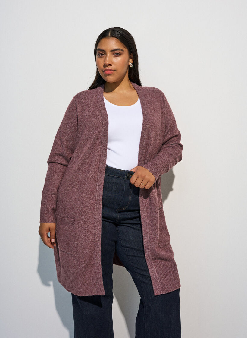 Ribbed Knit Cardigan with Pockets, Red, Model image number 0