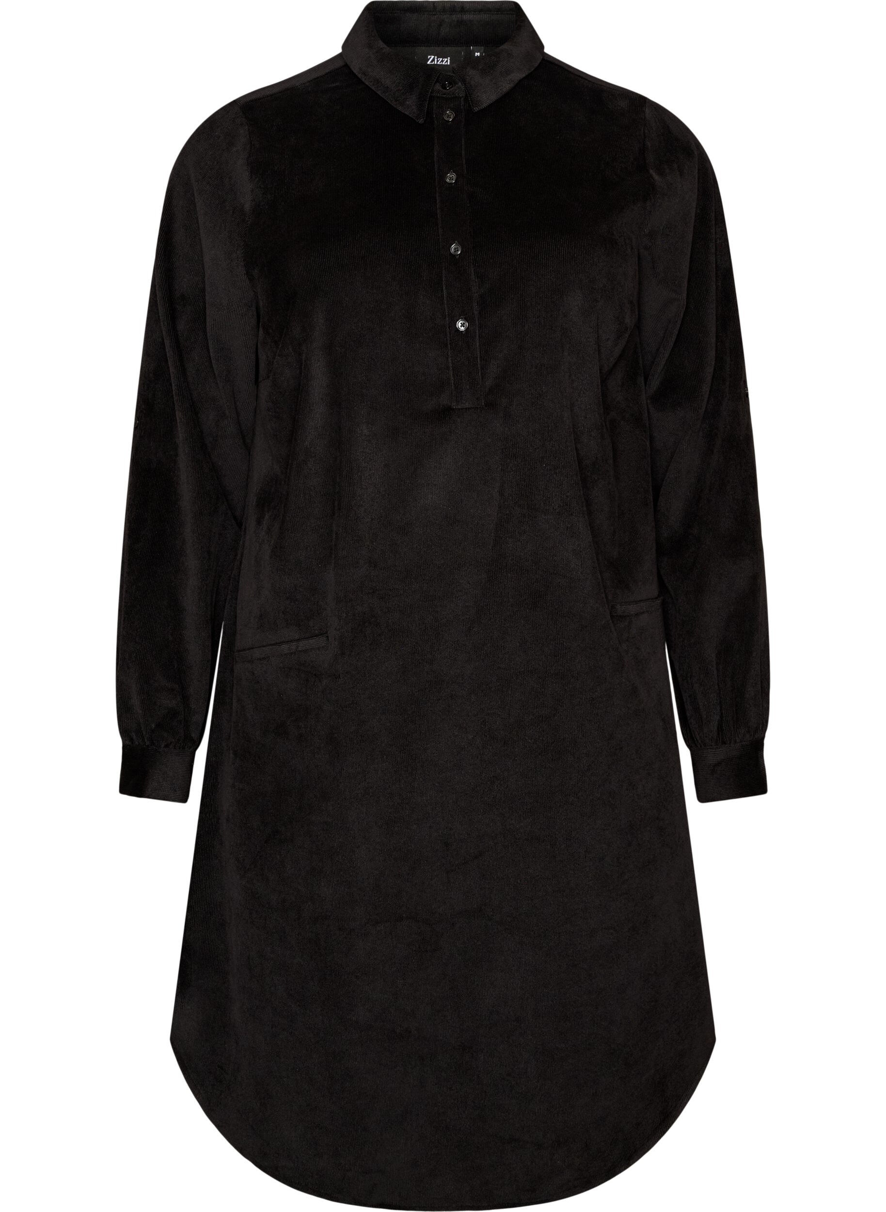 ZizzifashionCorduroy shirt dress with collar and button fastening, Black, Packshot image number 0