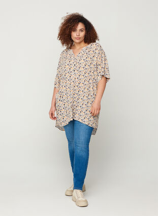 Short-sleeved viscose tunic with print, Yellow Berry, Model image number 2