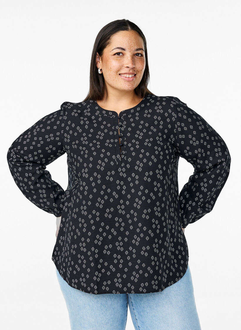 Long-sleeved blouse with pattern and buttons, Black, Model image number 0