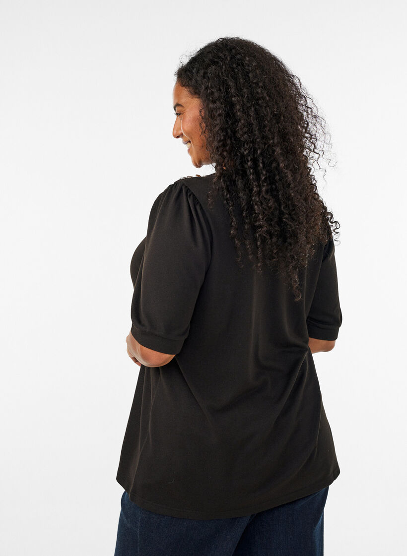 Blouse with button detail and short puff sleeves, Black, Model image number 2