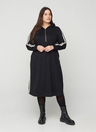 Long sweater dress with a hood and pocket, Black, Model image number 0
