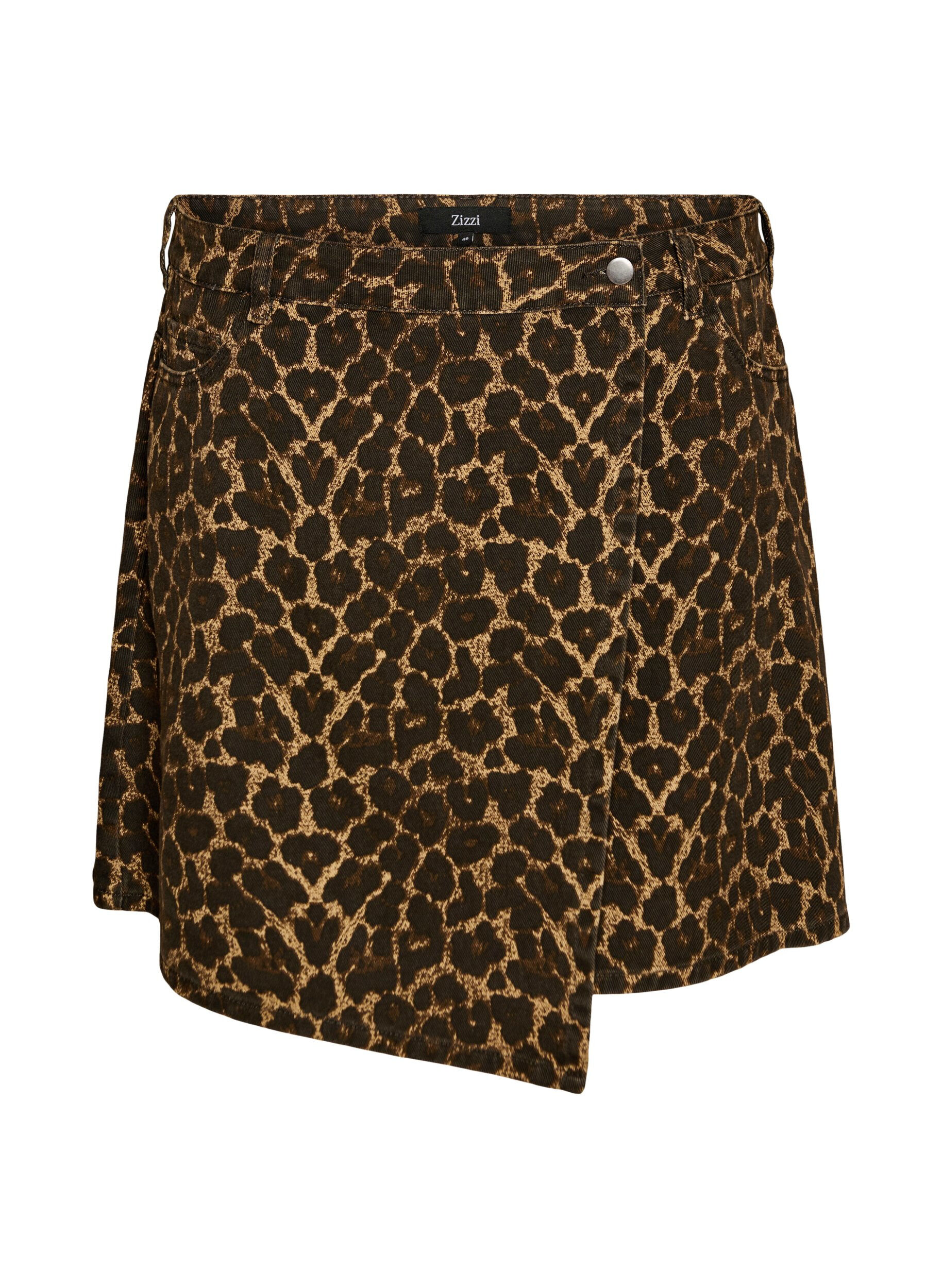 Short denim skirt with leopard print and an A-line shape