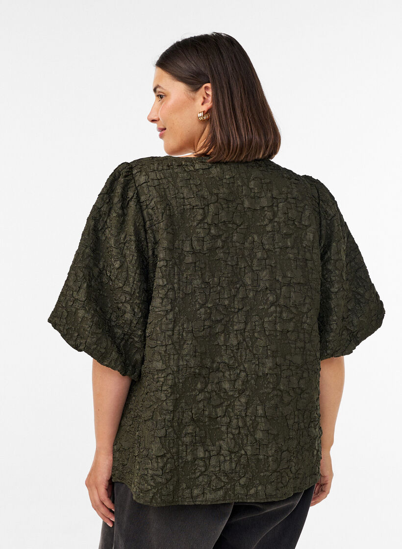 Jacquard blouse with puff sleeves and an A-line shape, Green, Model image number 2