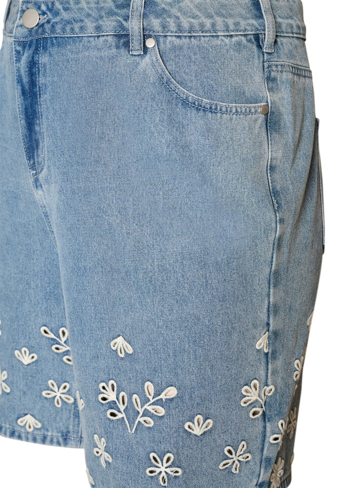 Denim shorts with broderie anglaise and high waist, Light Blue, Packshot image number 2