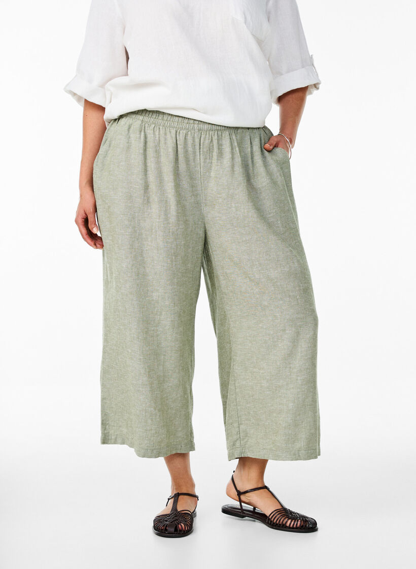 Cropped trousers in linen and viscose, Green, Model image number 2