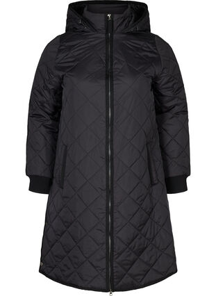 Quilted thermal jacket with hood and zipper, Black, Packshot image number 0