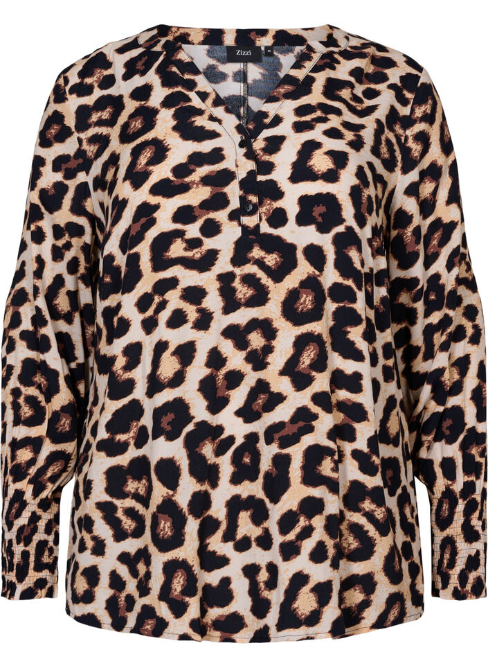 Printed viscose top with smock, Leo AOP, Packshot image number 0