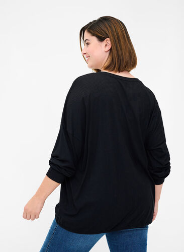 Ribbed fabric blouse with drawstring, Black, Model image number 1