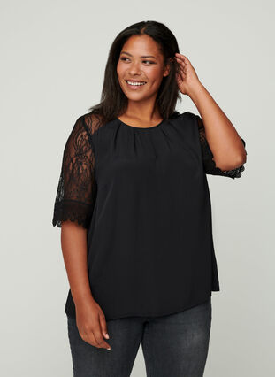 Viscose blouse with lace sleeves, Black, Model image number 0