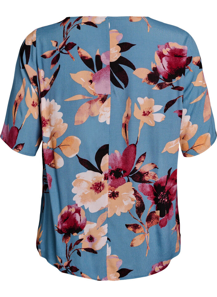 Short sleeve viscose blouse with print, Blue, Packshot image number 1