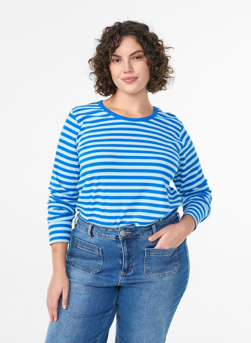 Striped blouse with long sleeves, Light Blue, Model image number 0