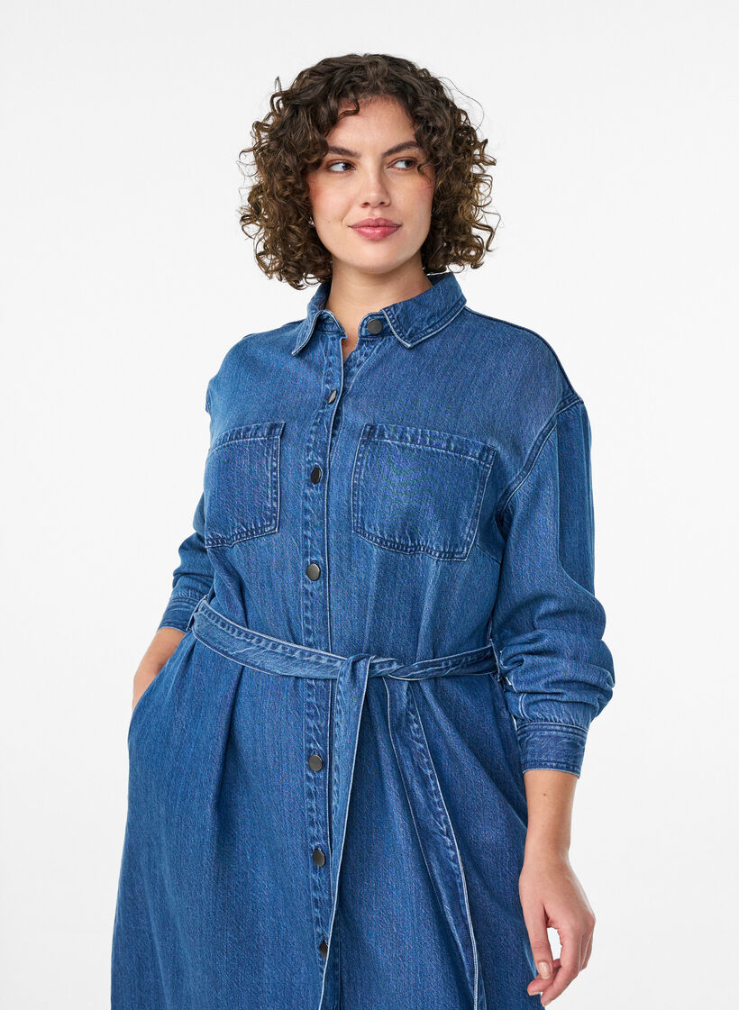 Denim shirt dress with tie-belt and side pockets, Blue, Model image number 2