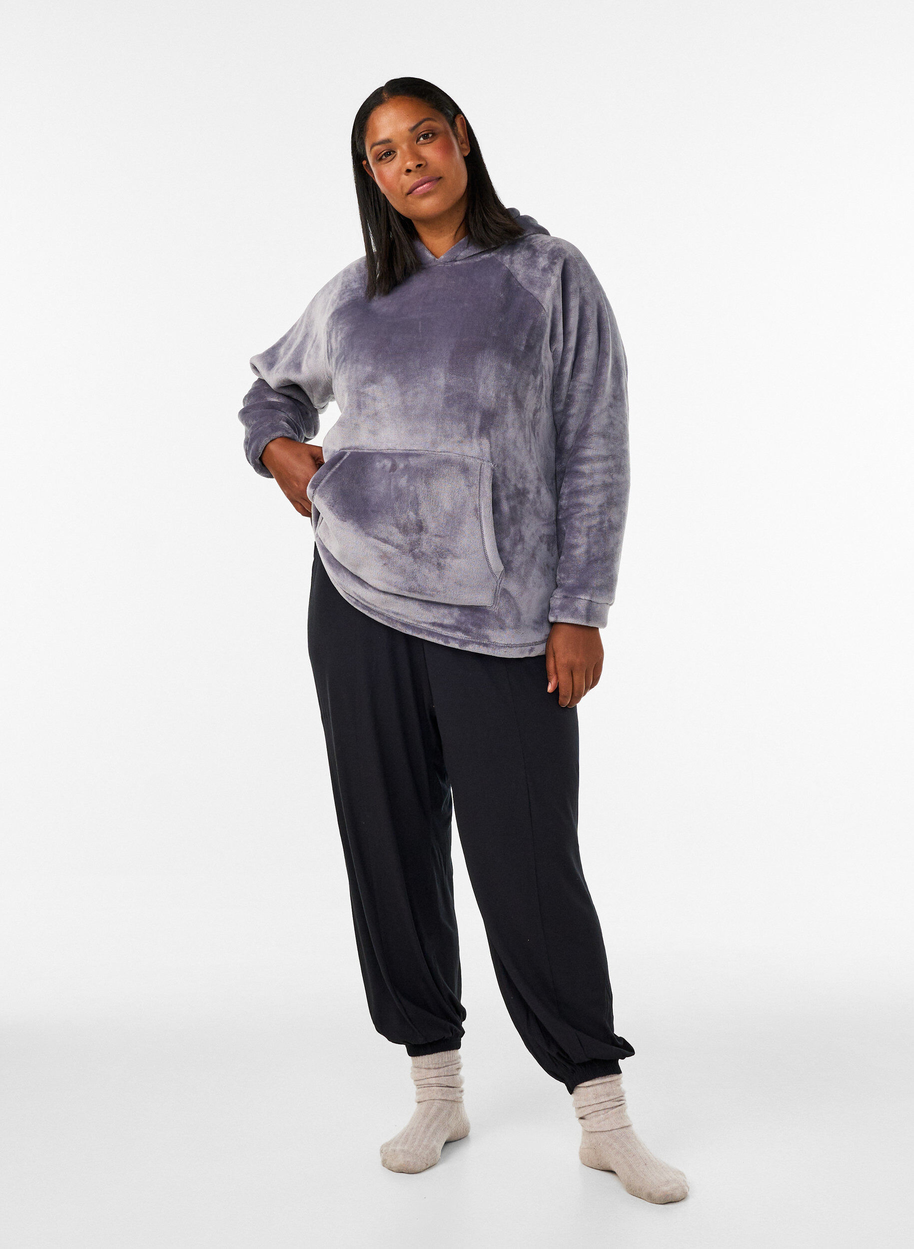 ZizzifashionVelour hoodie with kangaroo pocket, Grey, Model image number 1