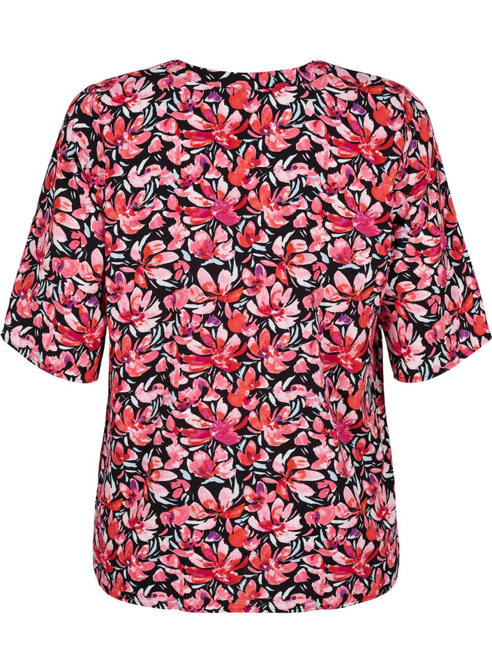 V-neck blouse with floral print, Black Flower AOP, Packshot image number 1