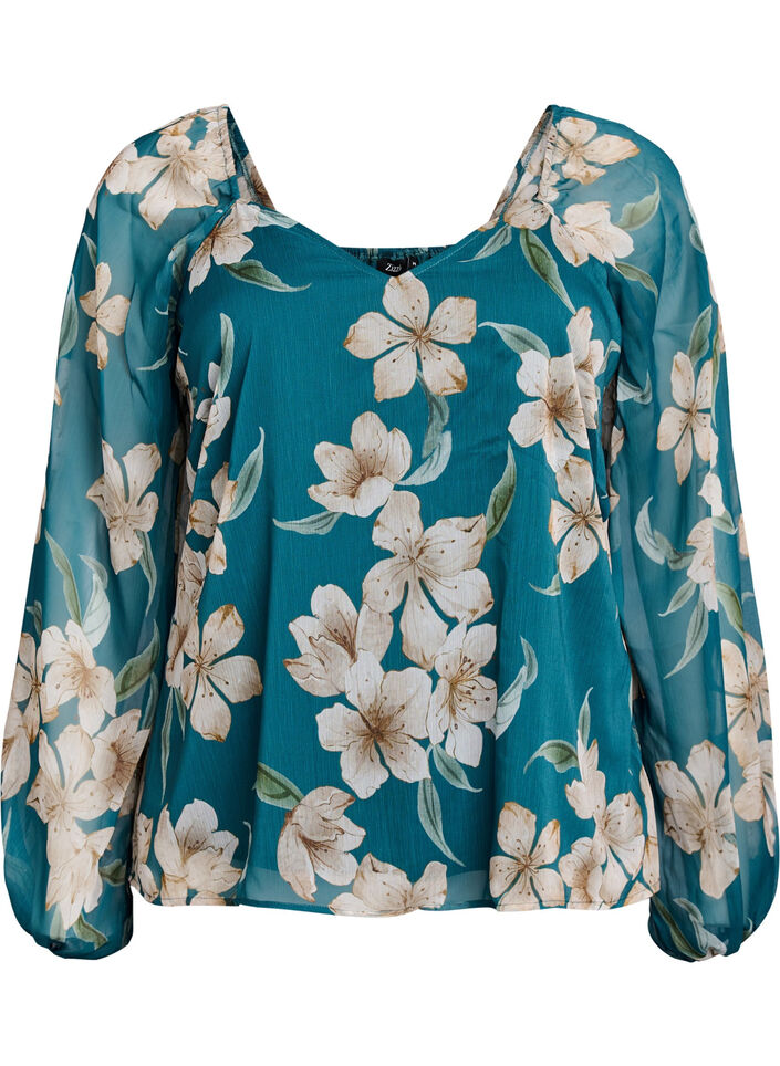 Chiffon blouse with floral print and long sleeves, Green, Packshot image number 0