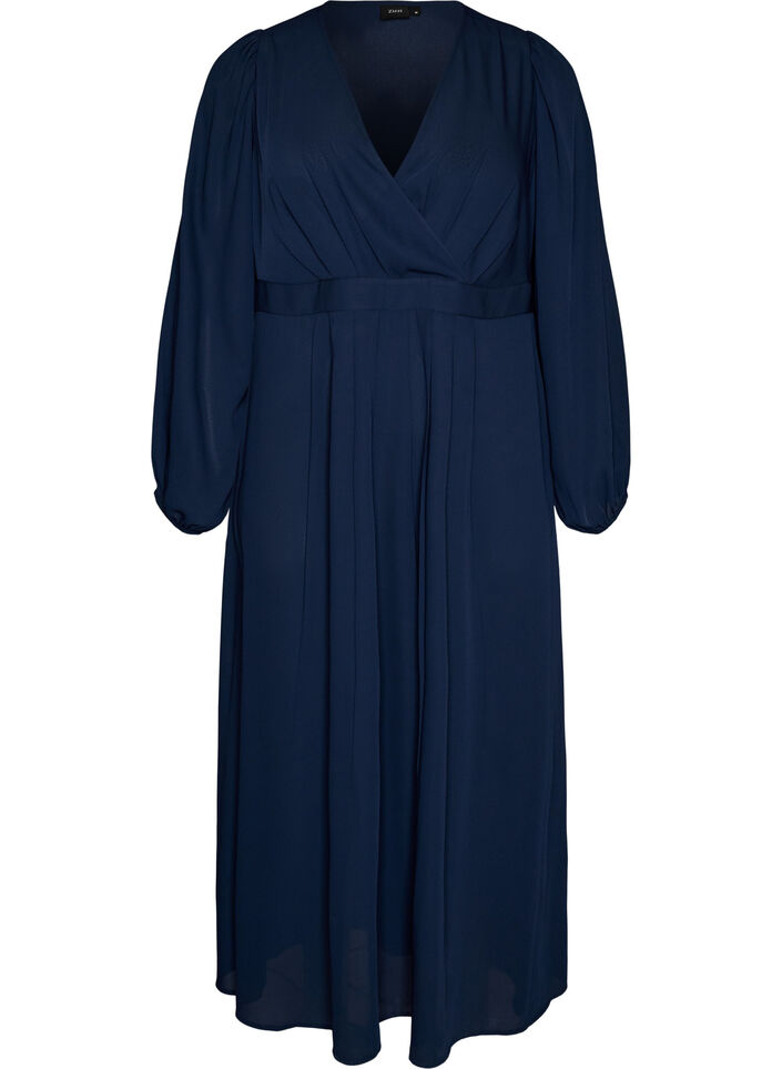 Maxi dress with a wrap-over neckline and long sleeves, Blue, Packshot image number 0