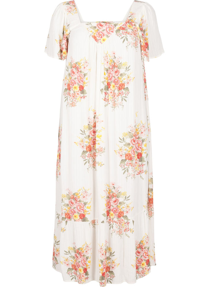 Long dress with a square neckline and floral motifs, Vanilla, Packshot image number 0