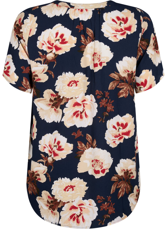 Blouse with short sleeves and v-neck, Blue, Packshot image number 1