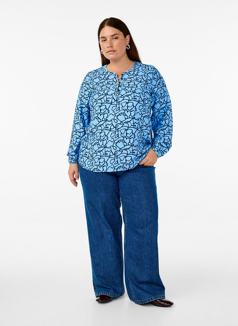 Long-sleeved blouse with pattern and buttons, Light Blue, Model image number 1
