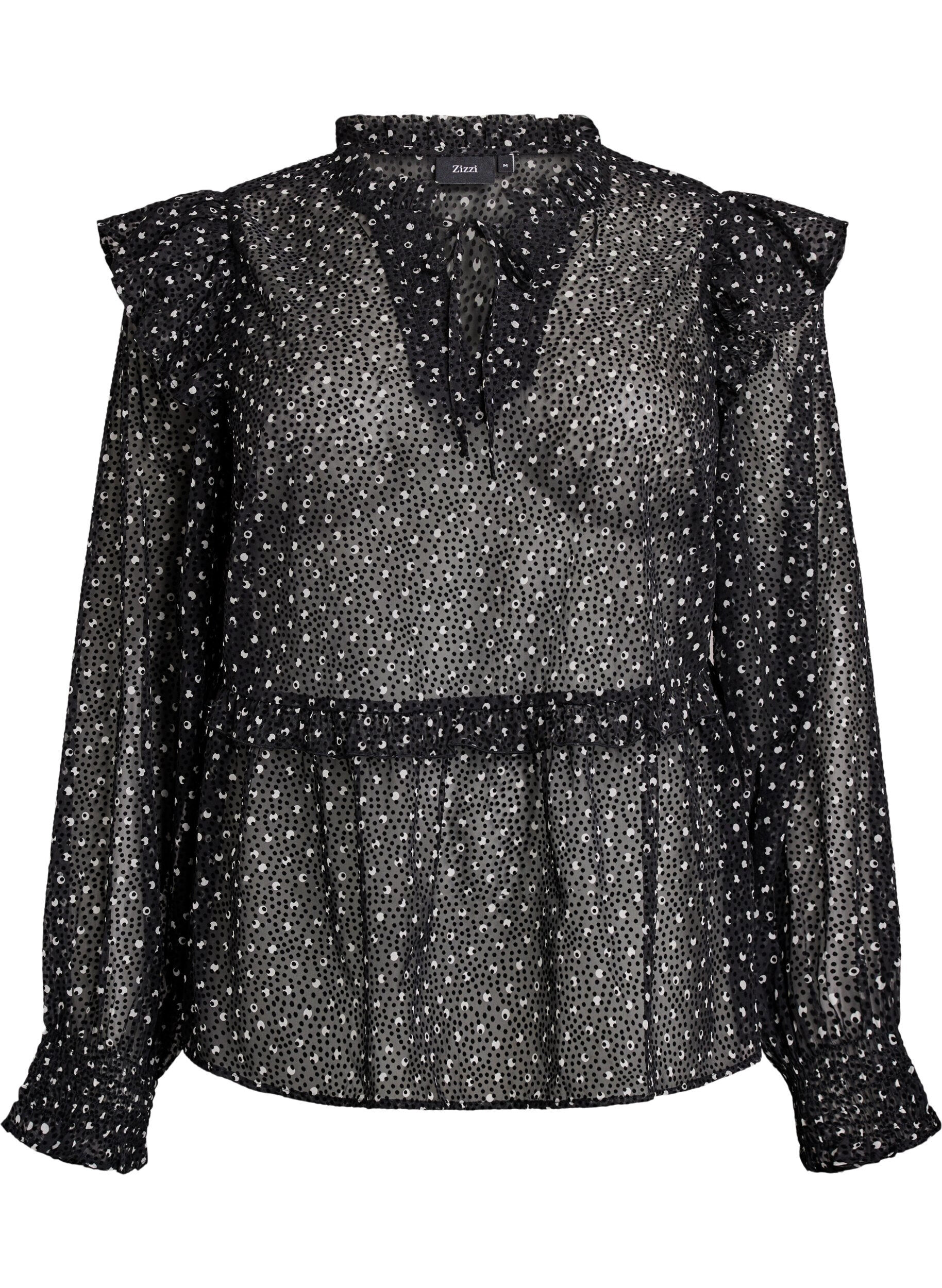 Chiffon blouse with ruffle details and small dots
