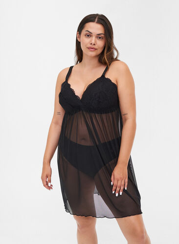 Nightdress with lace top, Black, Model image number 0