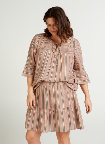 Striped blouse with 3/4 length sleeves and smocking, Rose Smoke stripe, Model image number 0