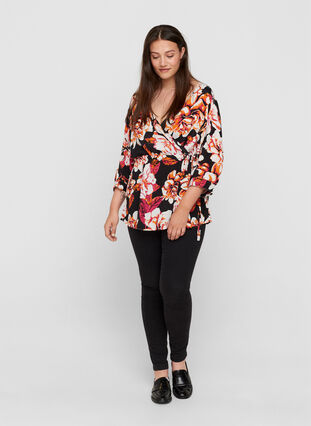 Viscose blouse with 3/4-length sleeves, Black Big Flower , Model image number 2