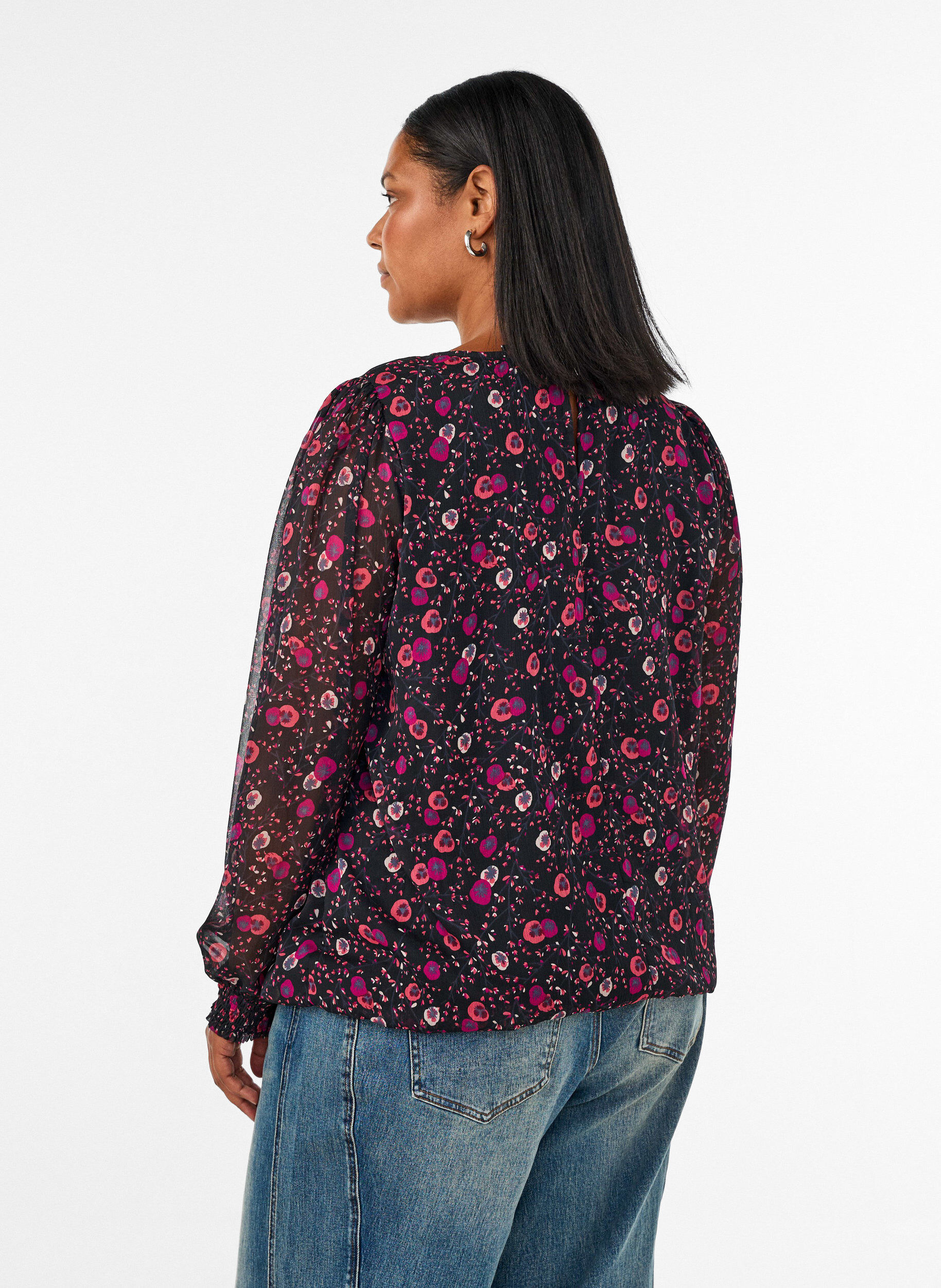 ZizzifashionFloral chiffon blouse with sheer sleeves, Black, Model image number 2