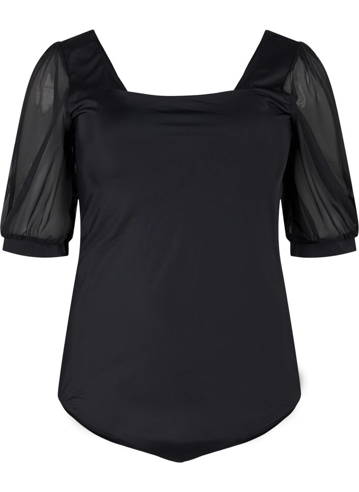 Swimsuit with short mesh sleeves, Black, Packshot image number 0
