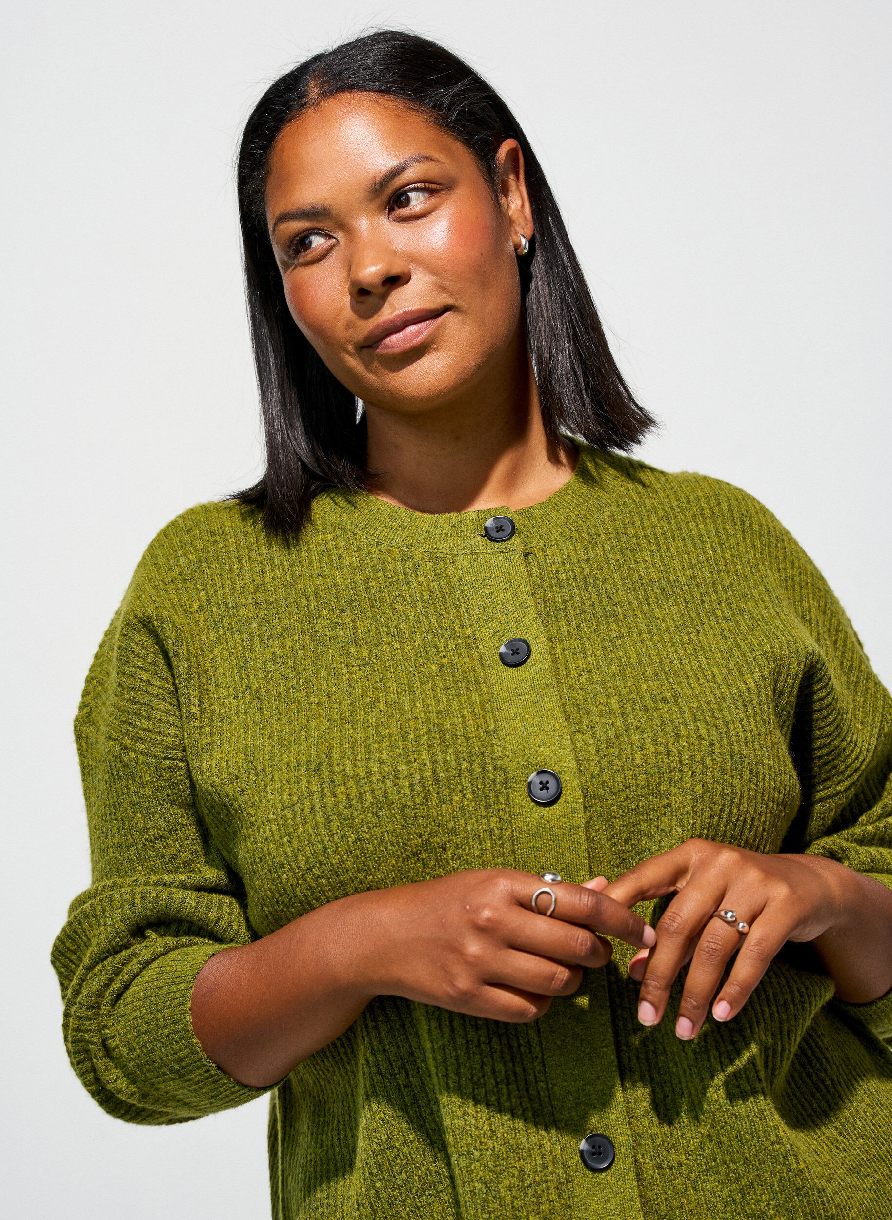 ZizzifashionRib knit cardigan with buttons, Green, Model image number 3