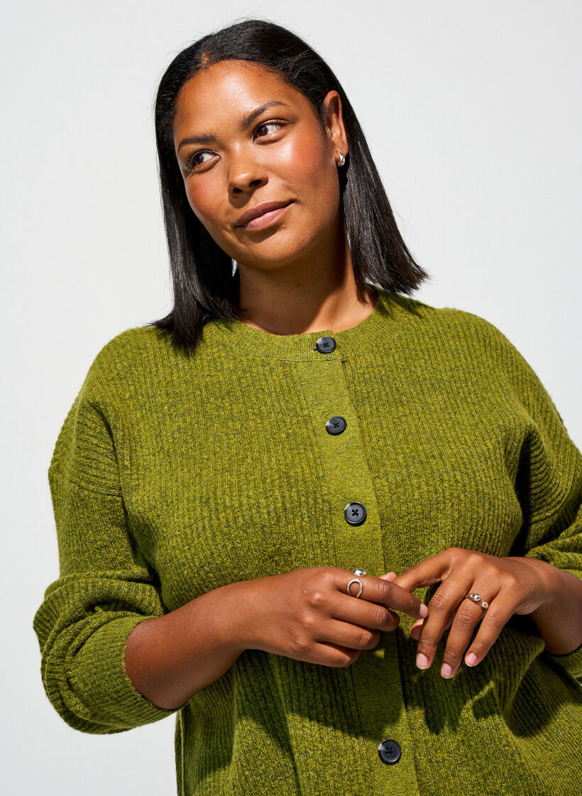Rib knit cardigan with buttons, Green, Model image number 3