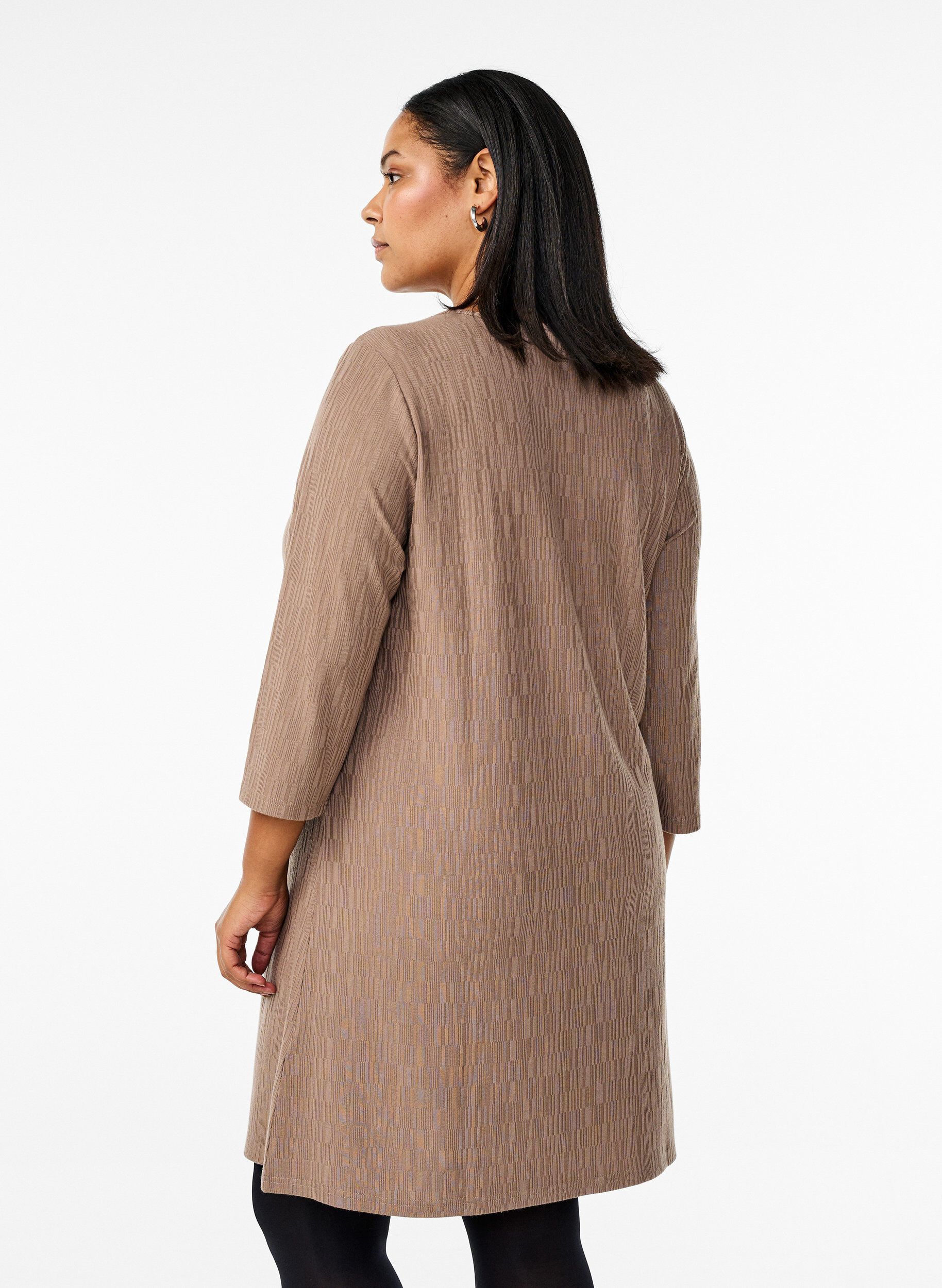 Zizzifashion Dress with texture and 3/4 sleeves, Brown, Model image number 2