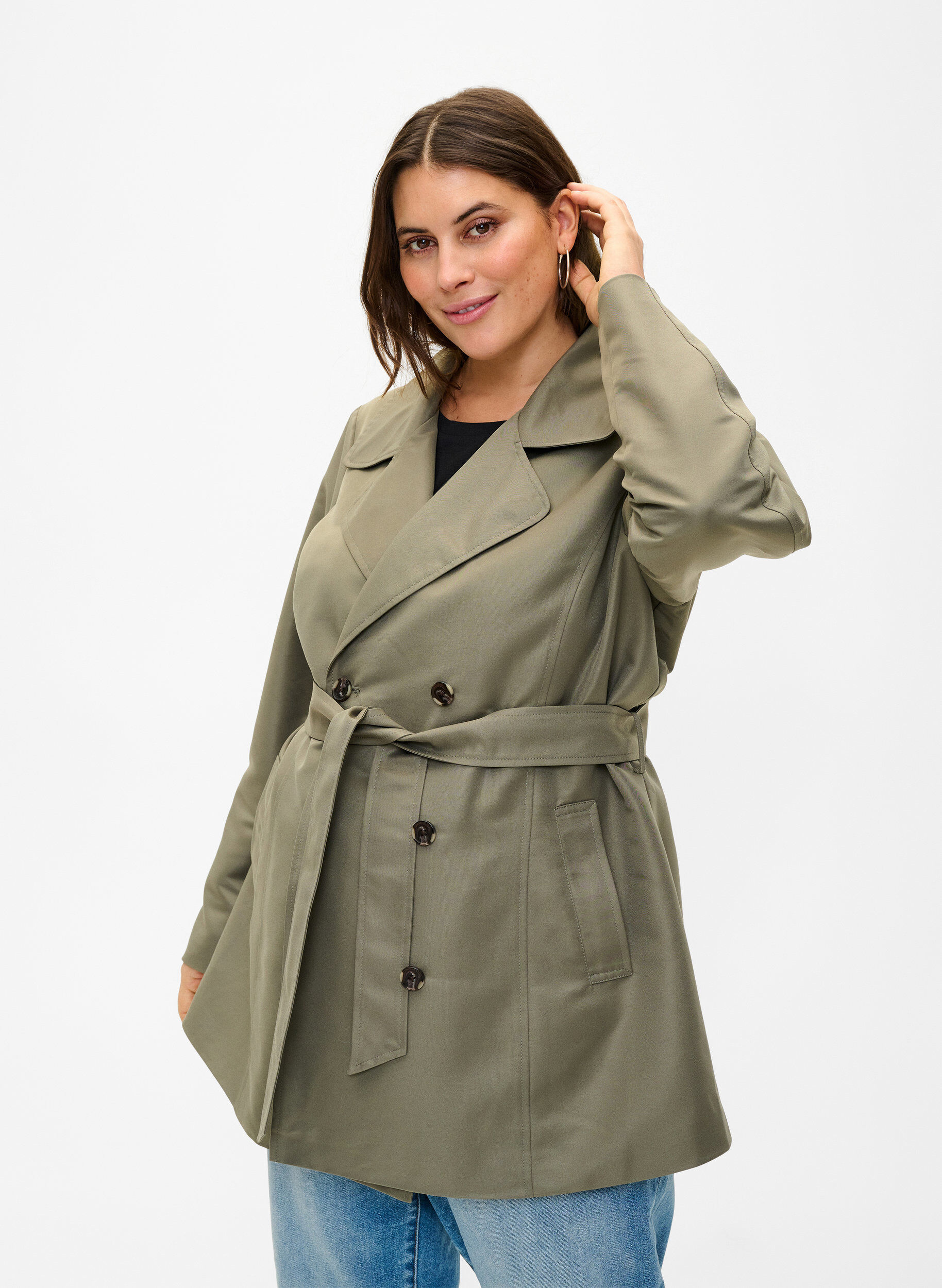 Short trench coat with belt, Green, Model