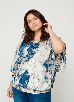 Printed blouse with smocking, Twilight Blue AOP, Model image number 0