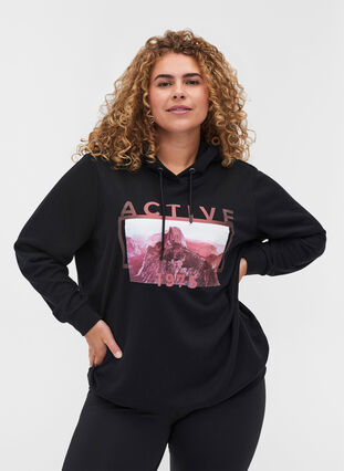 Sweatshirt with print and hood, Black, Model image number 0