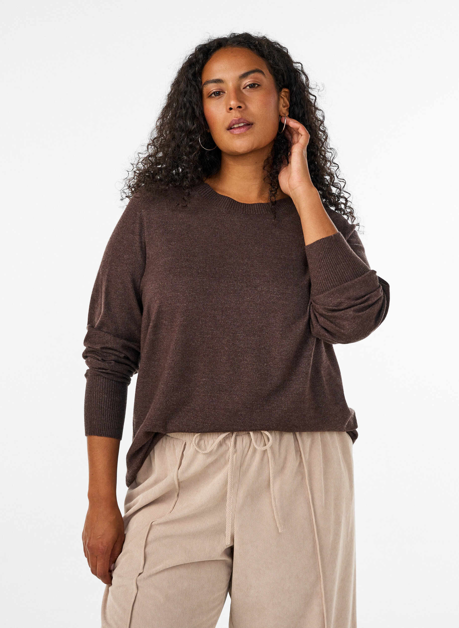ZizzifashionKnitted blouse with a round neck, Brown, Model image number 0